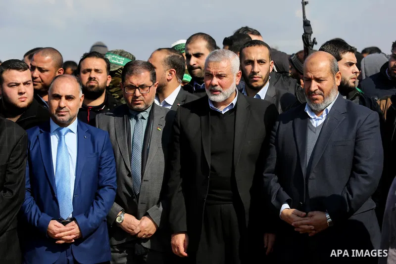 Hamas Chief Ismail Haniyeh attends the funeral of Hamas senior leader Imad al-Alami in Gaza City on January 30, 2018. A senior Hamas official has died in Gaza three weeks after shooting himself in the head in what offici...
