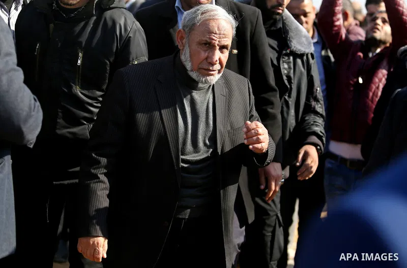 Senior Hamas leader Mahmoud al-Zahar attends the funeral of Hamas senior leader Imad al-Alami in Gaza City on January 30, 2018. A senior Hamas official has died in Gaza three weeks after shooting himself in the head in w...