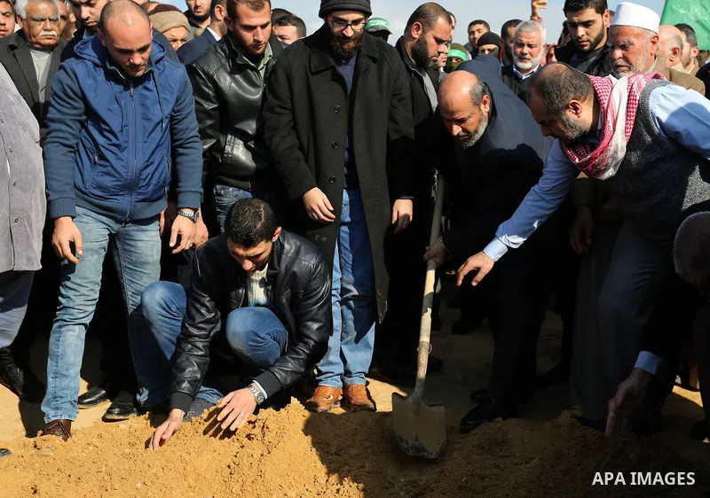 Senior Hamas leader Khalil al-Hayah participates in the burial of Hamas senior leader Imad al-Alami at a cemetery in Gaza City on January 30, 2018. A senior Hamas official has died in Gaza three weeks after shooting hims...