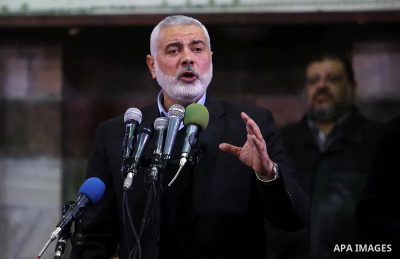 Hamas Chief Ismail Haniyeh speaks during the funeral of Hamas senior leader Imad al-Alami at the al-Omari mosque in Gaza City on January 30, 2018. A senior Hamas official has died in Gaza three weeks after shooting himse...