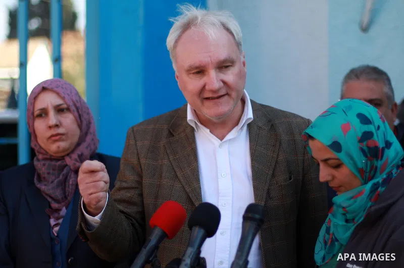 Matthias Schmale, Director of United Nations Relief and Works Agency (UNRWA) Operations in Gaza speaks during a press conference in front of the headquarters United Nations Relief and Works Agency (UNRWA) in Gaza city on...