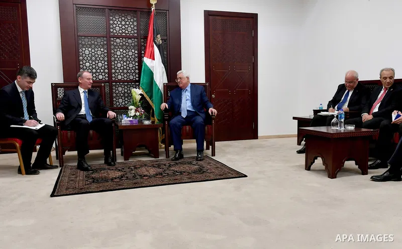 Palestinian President Mahmoud Abbas, meets with Secretary of the Security Council of the Russian Federation, Nikolay Patrushev, in the West Bank city of Ramallah, on February 1, 2018. Photo by Osama Falah