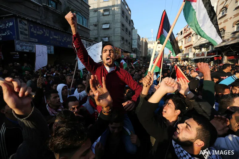 Palestinians participate in a demonstration to support the palestinian reconciliation efforts between Fatah and Hamas, and demand better living conditions, in Jabalia in the northern Gaza Strip on February 01, 2018. Phot...