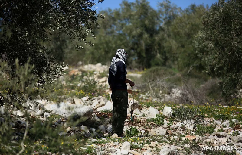 A Palestinian protester uses a slingshot to hurl stones towards Israeli security forces during clashes following a weekly demonstration against the expropriation of Palestinian land by Israel in the village of Kfar Qaddu...