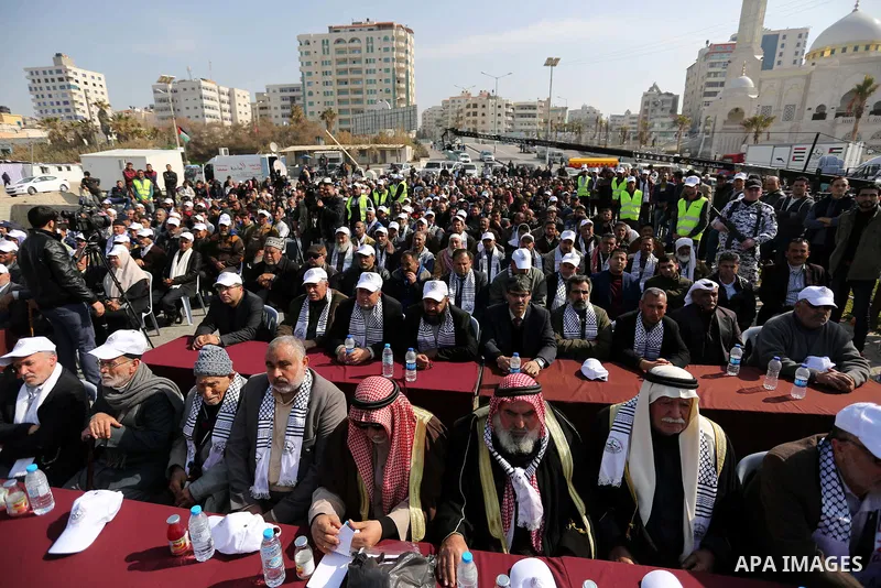 Palestinian fishermen attend a ceremony of support Palestinian fishermen project funded by the national islamic committee for development and social solidarity, in Gaza sea port on February 3, 2018. Photo by Ashraf Amra