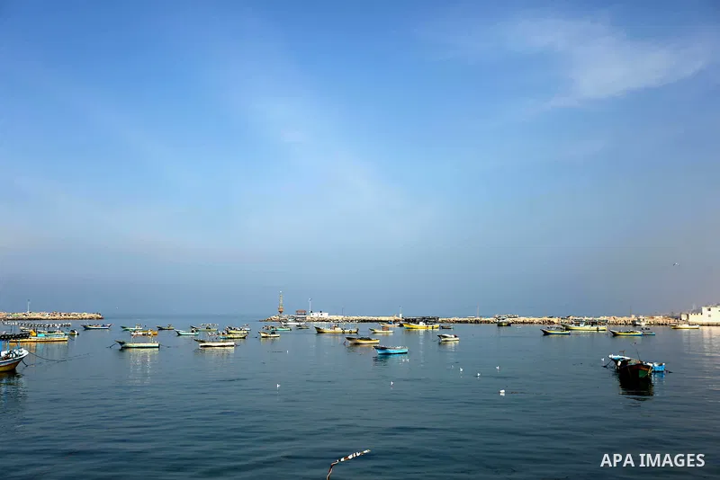 The picture show Fishing boats lay at anchor at the sea port of Gaza City on February 3, 2018. Photo by Ashraf Amra