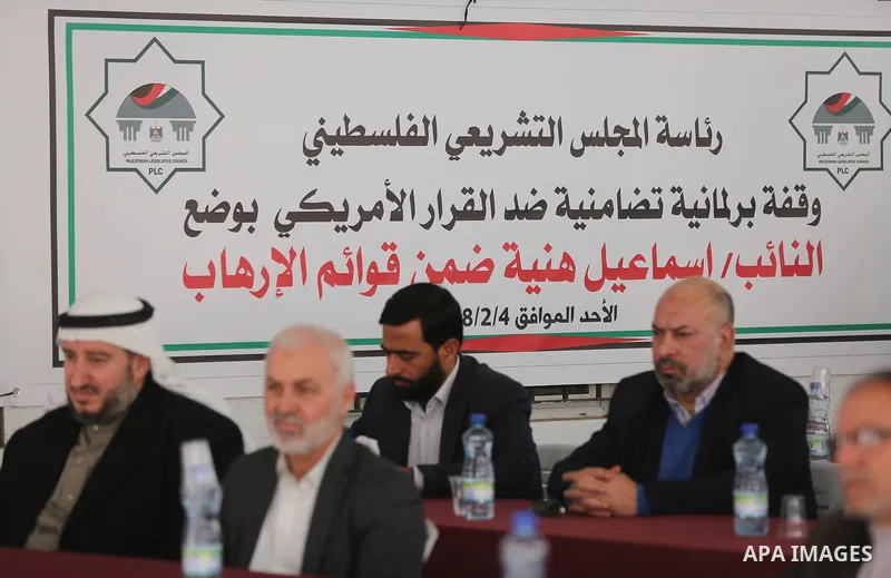 Members of the Palestinian legislative council attend a meeting to discuss the U.S. President Donald Trump's decision to recognise Jerusalem as the capital of Israel in Gaza city on February 4, 2018. Photo by Ashraf Amra