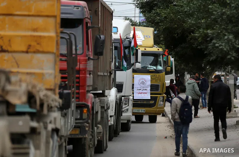 Palestinian truck drivers take part in a protest against the siege on the Gaza Strip, on February 6, 2018 in Gaza City. Israel has maintained a siege on Gaza for a decade which it says is necessary to limit Hamas, the Is...