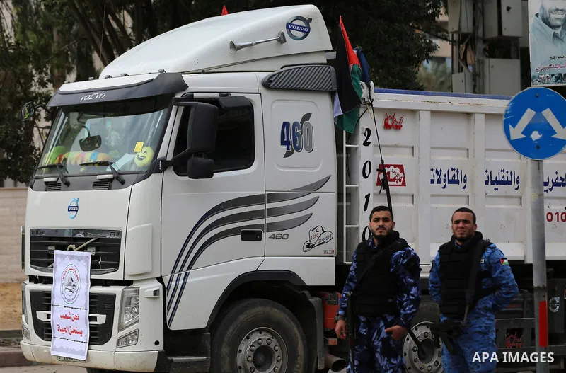 Palestinian truck drivers take part in a protest against the siege on the Gaza Strip, on February 6, 2018 in Gaza City. Israel has maintained a siege on Gaza for a decade which it says is necessary to limit Hamas, the Is...