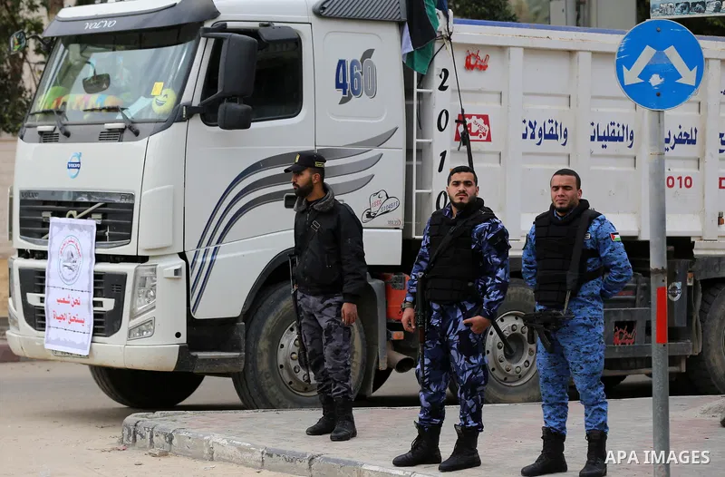 Palestinian truck drivers take part in a protest against the siege on the Gaza Strip, on February 6, 2018 in Gaza City. Israel has maintained a siege on Gaza for a decade which it says is necessary to limit Hamas, the Is...