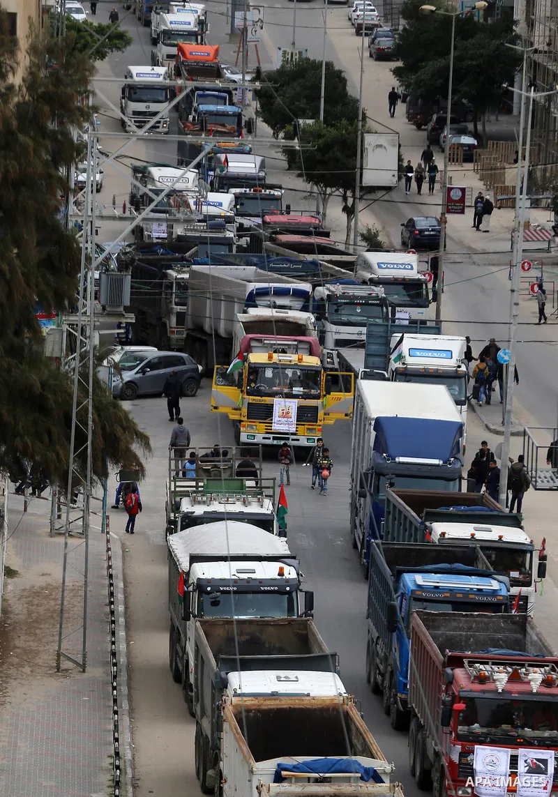 Palestinian truck drivers take part in a protest against the siege on the Gaza Strip, on February 6, 2018 in Gaza City. Israel has maintained a siege on Gaza for a decade which it says is necessary to limit Hamas, the Is...
