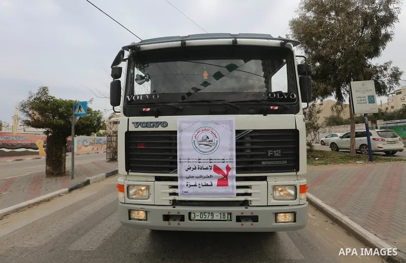 Palestinian truck drivers take part in a protest against the siege on the Gaza Strip, on February 6, 2018 in Gaza City. Israel has maintained a siege on Gaza for a decade which it says is necessary to limit Hamas, the Is...