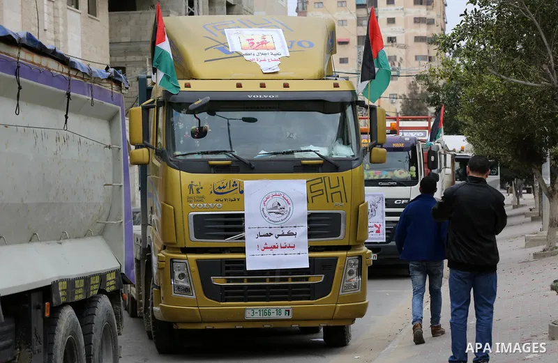Palestinian truck drivers take part in a protest against the siege on the Gaza Strip, on February 6, 2018 in Gaza City. Israel has maintained a siege on Gaza for a decade which it says is necessary to limit Hamas, the Is...