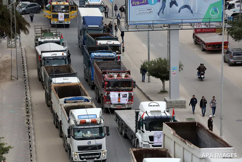 Palestinian truck drivers take part in a protest against the siege on the Gaza Strip, on February 6, 2018 in Gaza City. Israel has maintained a siege on Gaza for a decade which it says is necessary to limit Hamas, the Is...