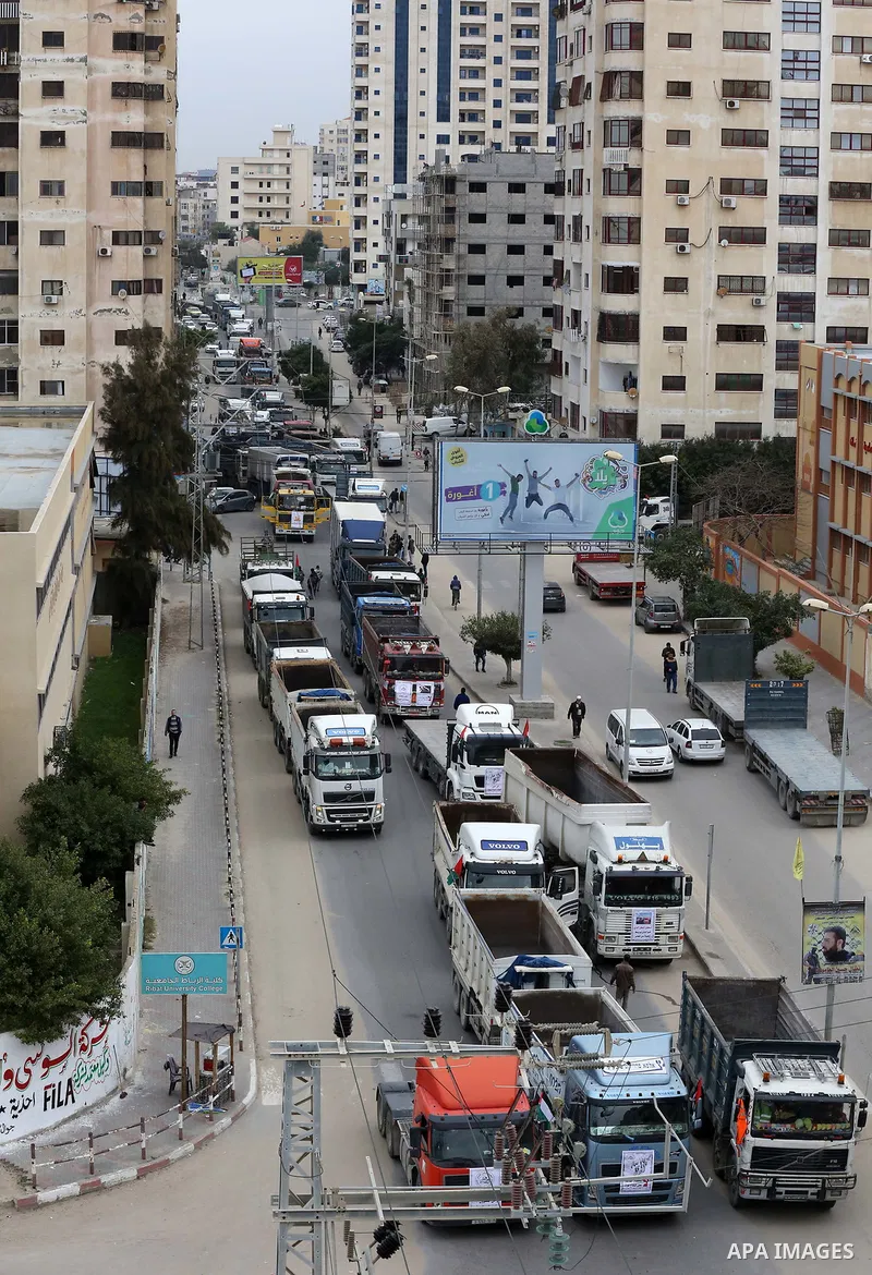 Palestinian truck drivers take part in a protest against the siege on the Gaza Strip, on February 6, 2018 in Gaza City. Israel has maintained a siege on Gaza for a decade which it says is necessary to limit Hamas, the Is...