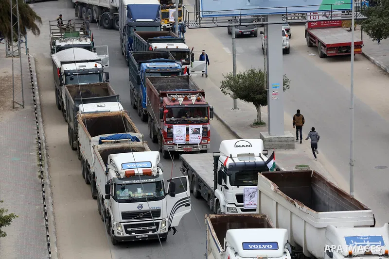 Palestinian truck drivers take part in a protest against the siege on the Gaza Strip, on February 6, 2018 in Gaza City. Israel has maintained a siege on Gaza for a decade which it says is necessary to limit Hamas, the Is...