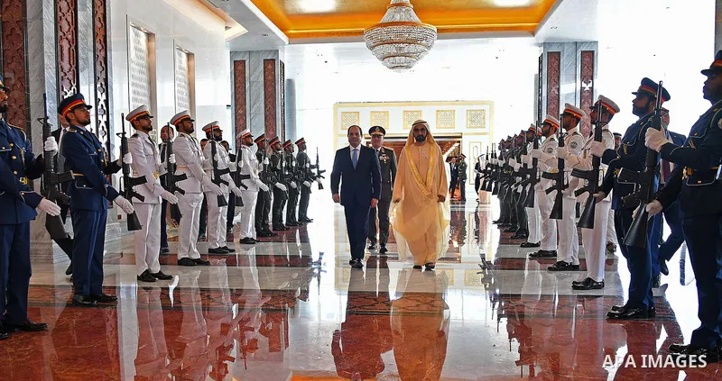 Egyptian President Abdel Fattah al-Sisi walks along side with Sheikh Mohammed bin Rashid Al Maktoum, Prime Minister and Vice-President of the United Arab Emirates and Ruler of Dubai, in Abu Dhabi, United Arab Emirates on...