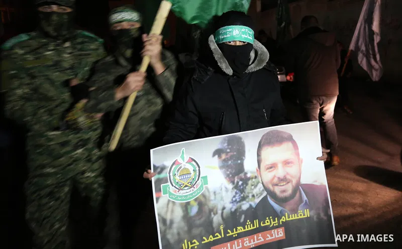 Palestinian supporters of Hamas movement take part in a rage protest after Israeli security forces shot and killed Ahmed Nasr Jarrar After a manhunt that lasted almost a month, in Dair Al Balah, in the center of Gaza str...