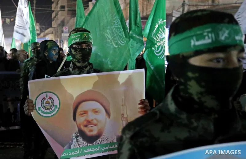 Palestinian supporters of Hamas movement take part in a rage protest after Israeli security forces shot and killed Ahmed Nasr Jarrar After a manhunt that lasted almost a month, in Dair Al Balah, in the center of Gaza str...