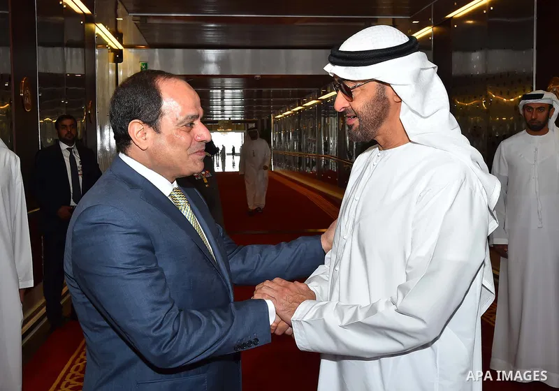 Egyptian President Abdel Fattah al-Sisi shakes hands with Abu Dhabi Crown Prince Mohammed bin Zayed al-Nahyan, before he leavese Abu Dhabi, on February 07, 2018. Photo by Egyptian President Office
