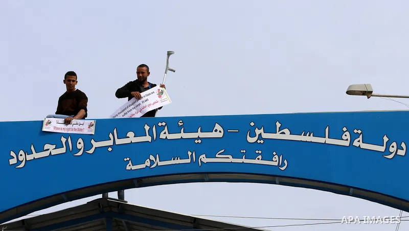 Wounded and disabled Palestinians take part in a protest against the siege on the Gaza Strip, at Erez crossing, in the northern Gaza Strip, on February 8, 2018. Israel has maintained a siege on Gaza for a decade which it...