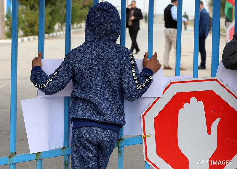 Wounded and disabled Palestinians take part in a protest against the siege on the Gaza Strip, at Erez crossing, in the northern Gaza Strip, on February 8, 2018. Israel has maintained a siege on Gaza for a decade which it...