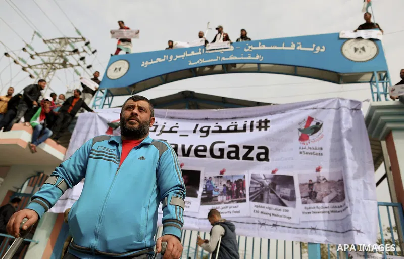 Wounded and disabled Palestinians take part in a protest against the siege on the Gaza Strip, at Erez crossing, in the northern Gaza Strip, on February 8, 2018. Israel has maintained a siege on Gaza for a decade which it...