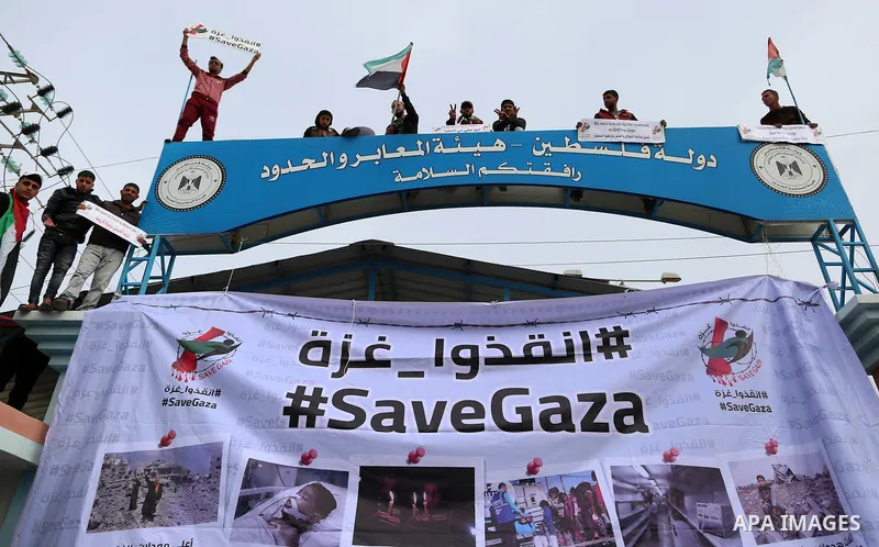 Wounded and disabled Palestinians take part in a protest against the siege on the Gaza Strip, at Erez crossing, in the northern Gaza Strip, on February 8, 2018. Israel has maintained a siege on Gaza for a decade which it...