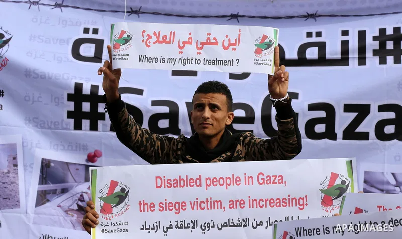 Wounded and disabled Palestinians take part in a protest against the siege on the Gaza Strip, at Erez crossing, in the northern Gaza Strip, on February 8, 2018. Israel has maintained a siege on Gaza for a decade which it...