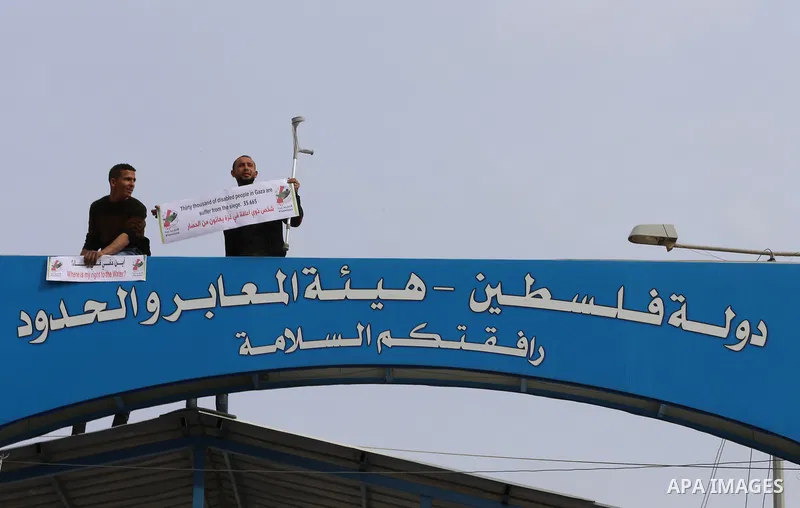 Wounded and disabled Palestinians take part in a protest against the siege on the Gaza Strip, at Erez crossing, in the northern Gaza Strip, on February 8, 2018. Israel has maintained a siege on Gaza for a decade which it...