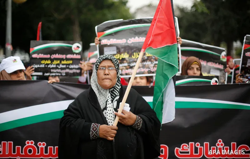 Palestinian graduates hold placards during a protest to demand their rights, in Gaza city on February 8, 2018. Photo by Ashraf Amra