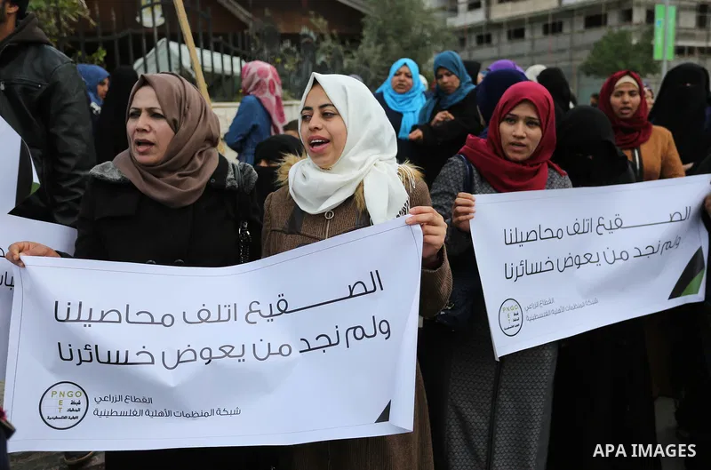 Palestinians hold banners during a solidarity with farmers affected by natural disasters, in front of the headquarters of the Council of Ministers in Gaza city on February 13, 2018. Photo by Ashraf Amra