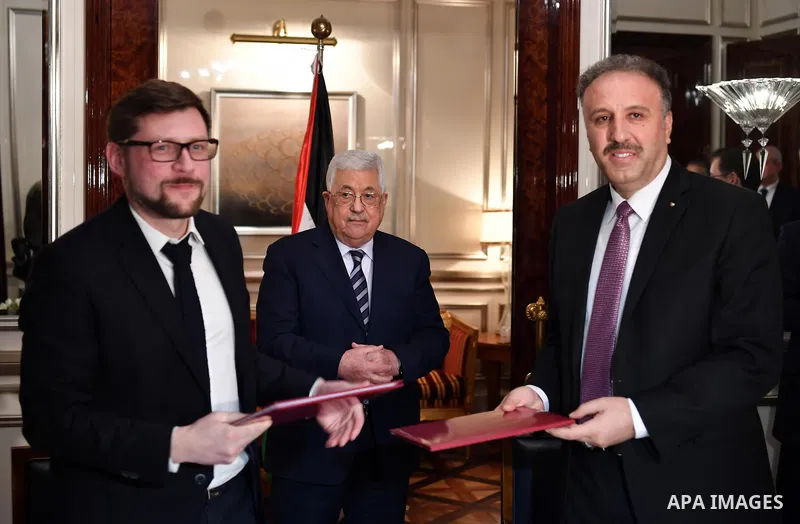 Palestinian President Mahmoud Abbas attends the signature of cooperation with Sputnik Russian news agency in Moscow, Russia February 13, 2018. Photo by Thaer Ganaim
