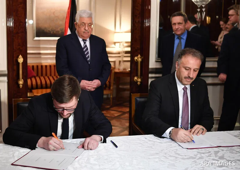 Palestinian President Mahmoud Abbas attends the signature of cooperation with Sputnik Russian news agency in Moscow, Russia February 13, 2018. Photo by Thaer Ganaim