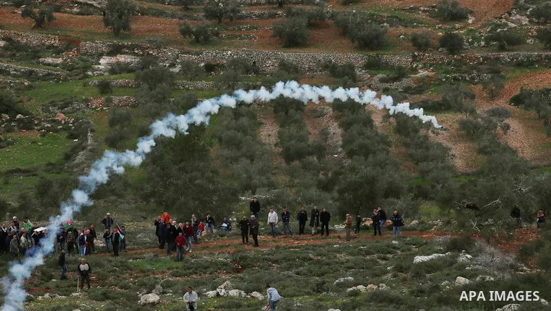 Palestinian protesters stand in a cloud of tear gas fired by Israeli troops during clashes at the Beta village near the West Bank city of Nablus, 15 February 2018. According to local sources at least five Palestinian wer...