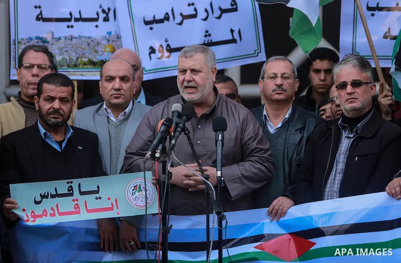 Islamic Jihad leader Khaled al-Batsh speaks during a protest against Trump's decision to recognize Jerusalem as the capital of Israel, in Gaza city on February 16, 2018. US President Donald Trump has reiterated that the...
