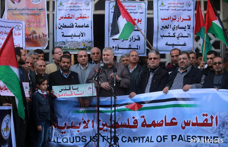 Islamic Jihad leader Khaled al-Batsh speaks during a protest against Trump's decision to recognize Jerusalem as the capital of Israel, in Gaza city on February 16, 2018. US President Donald Trump has reiterated that the...
