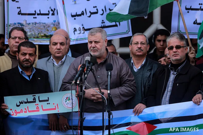 Islamic Jihad leader Khaled al-Batsh speaks during a protest against Trump's decision to recognize Jerusalem as the capital of Israel, in Gaza city on February 16, 2018. US President Donald Trump has reiterated that the...