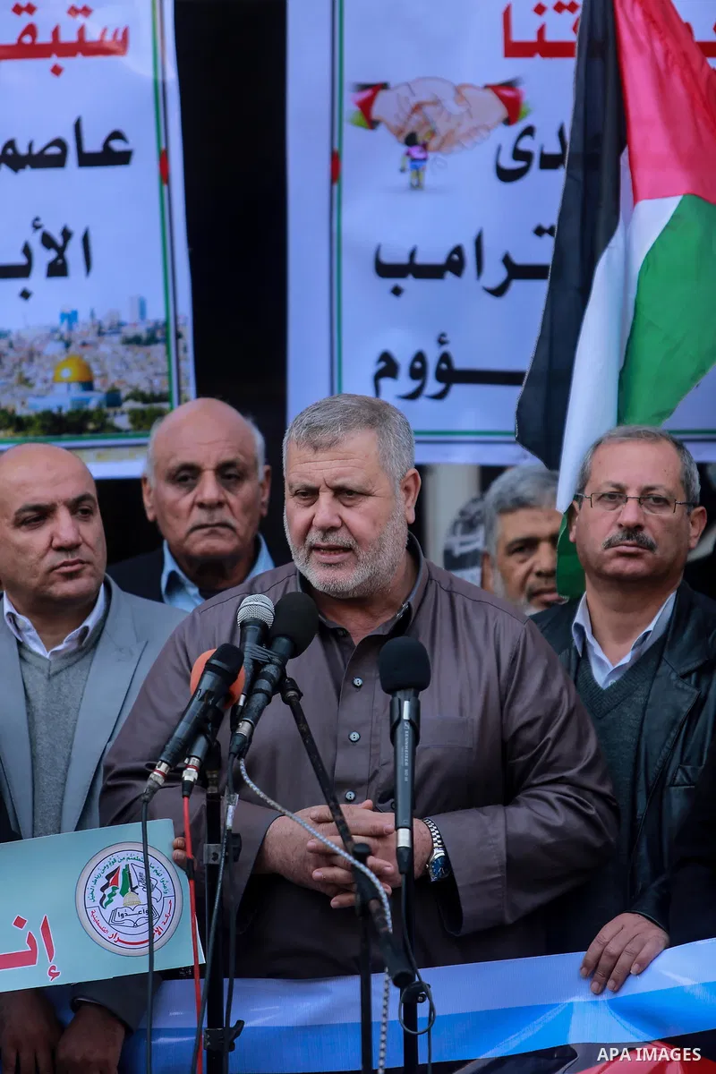 Islamic Jihad leader Khaled al-Batsh speaks during a protest against Trump's decision to recognize Jerusalem as the capital of Israel, in Gaza city on February 16, 2018. US President Donald Trump has reiterated that the...