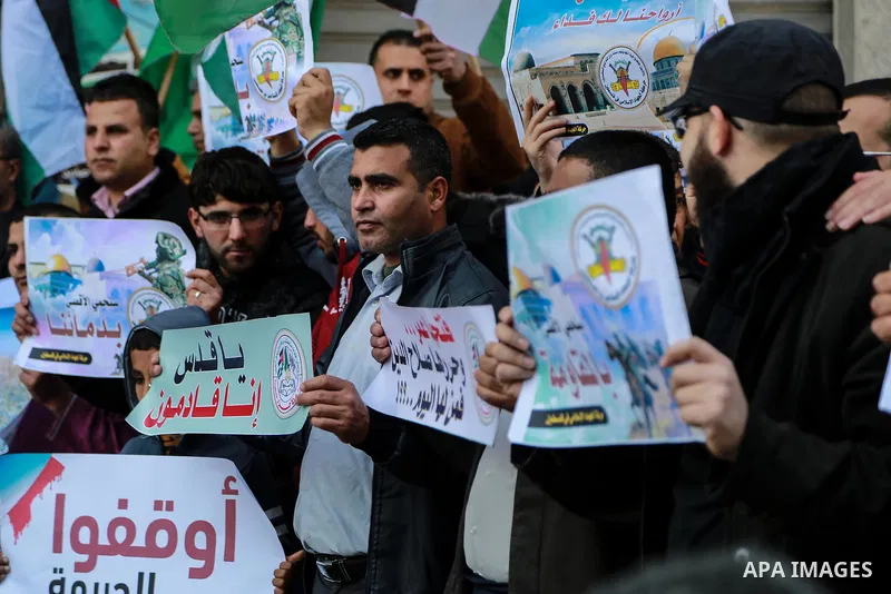 Palestinian take part during a protest against Trump's decision to recognize Jerusalem as the capital of Israel, in Gaza city on February 16, 2018. US President Donald Trump has reiterated that the issue of Jerusalem is...