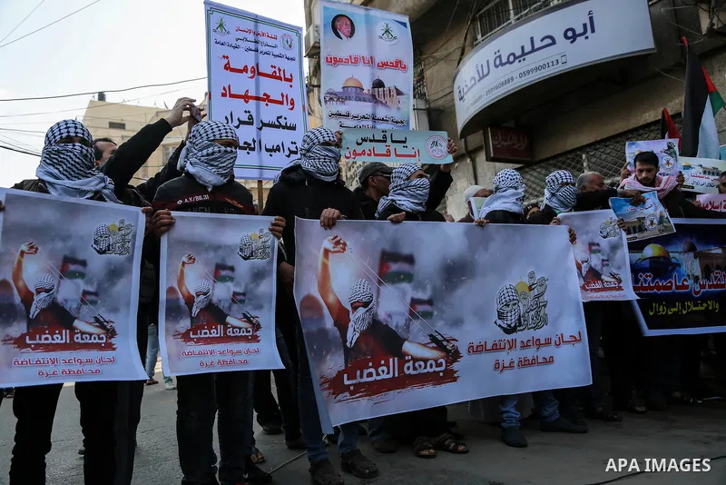 Palestinian take part during a protest against Trump's decision to recognize Jerusalem as the capital of Israel, in Gaza city on February 16, 2018. US President Donald Trump has reiterated that the issue of Jerusalem is...