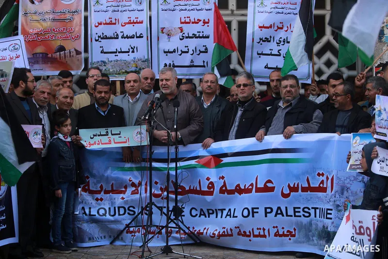 Islamic Jihad leader Khaled al-Batsh speaks during a protest against Trump's decision to recognize Jerusalem as the capital of Israel, in Gaza city on February 16, 2018. US President Donald Trump has reiterated that the...