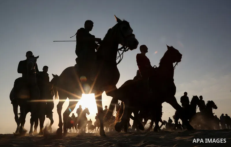 Palestinian men ride horses during a local racing on the beach of Gaza city on February 16, 2018. Photo by Ashraf Amra