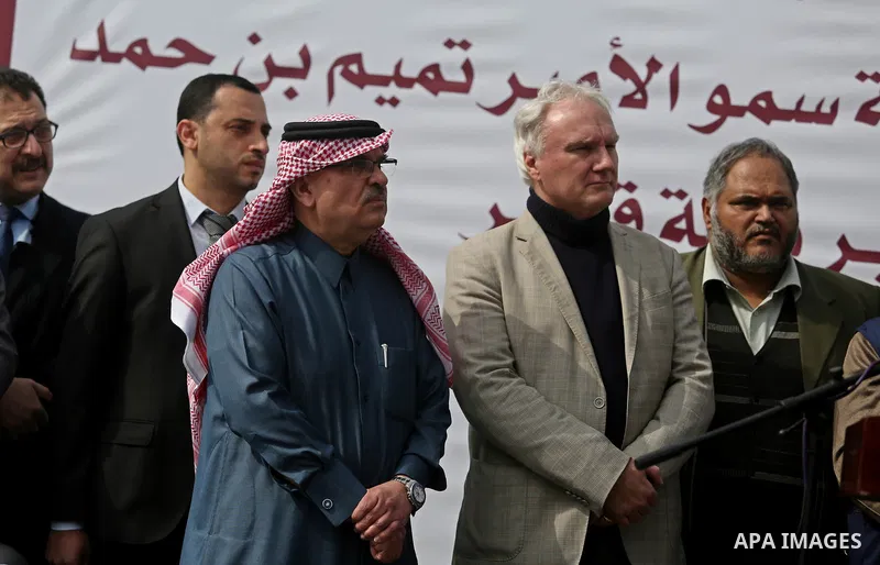 Qatar's Ambassador to the Palestinian Authority, Mohammed Al Emadi and Matthias Schmale, Director of United Nations Relief and Works Agency (UNRWA) Operations in Gaza hold a joint press conference at al-Shifa hospital to...