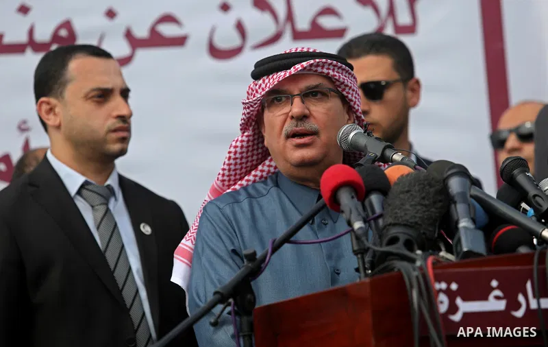 Qatar's Ambassador to the Palestinian Authority, Mohammed Al Emadi speaks during a press conference at al-Shifa hospital to announce about the granting of Qatar's Emir Sheikh Tamim bin Hamad Al-Thani, in Gaza city on Feb...