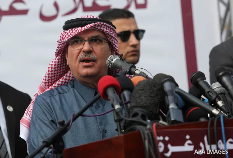 Qatar's Ambassador to the Palestinian Authority, Mohammed Al Emadi speaks during a press conference at al-Shifa hospital to announce about the granting of Qatar's Emir Sheikh Tamim bin Hamad Al-Thani, in Gaza city on Feb...