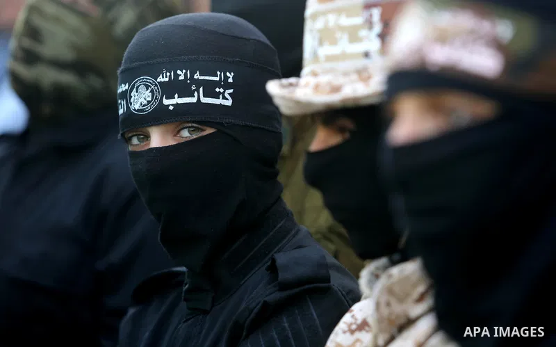 Palestinian supporters of Hamas movement take part in a protest against Trump's decision to recognize Jerusalem as the capital of Israel, at Nuseirat refugee camp, in the central of Gaza Strip on February 23, 2018. US Pr...