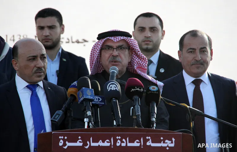 Qatar's Ambassador to the Palestinian Authority, Mohammed Al Emadi speaks during the opening ceremony of rebuild Al-Rashid street project, funded by Qatar, in Gaza city, on February 24, 2018. Photo by Mahmoud Ajour