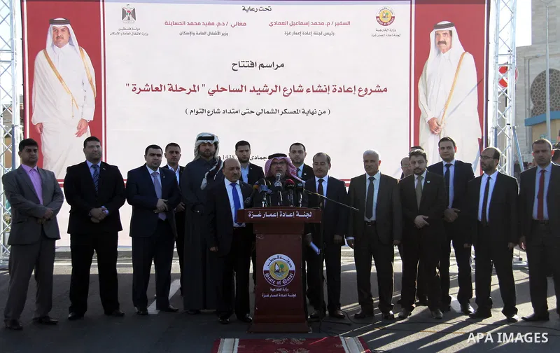 Qatar's Ambassador to the Palestinian Authority, Mohammed Al Emadi speaks during the opening ceremony of rebuild Al-Rashid street project, funded by Qatar, in Gaza city, on February 24, 2018. Photo by Mahmoud Ajour