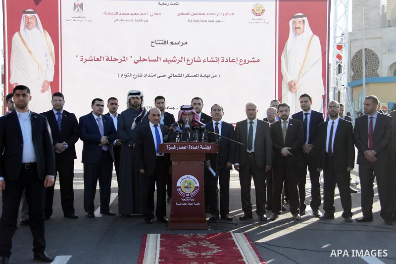 Qatar's Ambassador to the Palestinian Authority, Mohammed Al Emadi speaks during the opening ceremony of rebuild Al-Rashid street project, funded by Qatar, in Gaza city, on February 24, 2018. Photo by Mahmoud Ajour